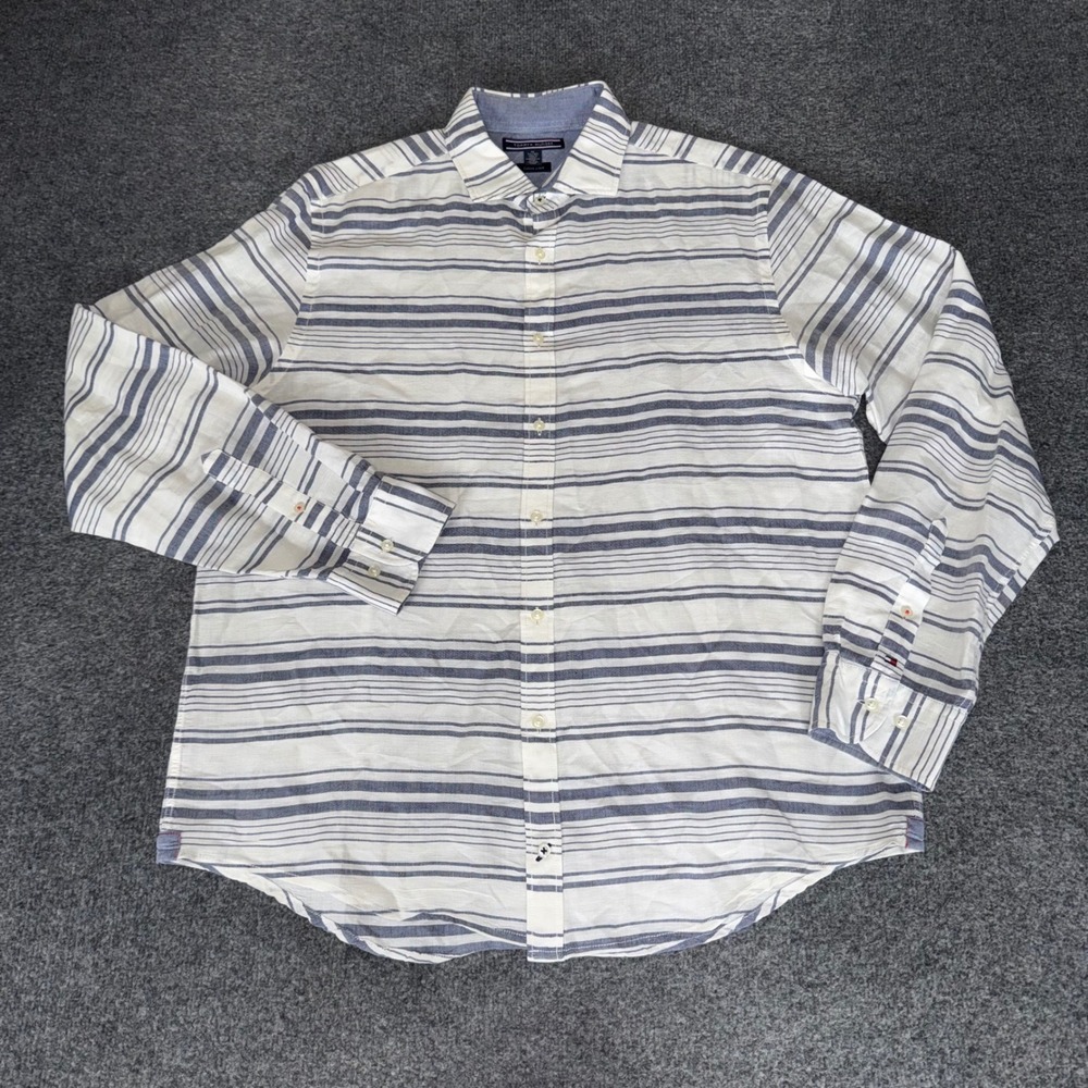 Tommy Hilfiger Mens XL Button Down Shirt Blue White Striped Cotton Linen Summer